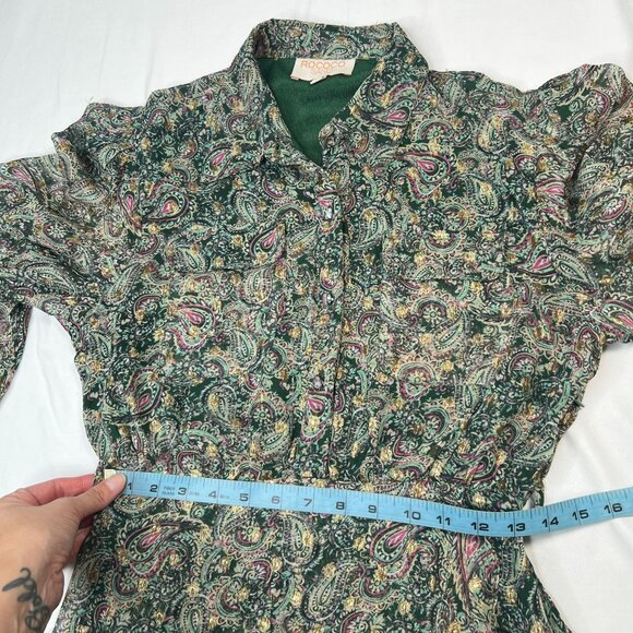 Rococo Sand Mini Shirt Dress Sheer Metallic Paisley Button Up Collar Green Small - Picture 4 of 13